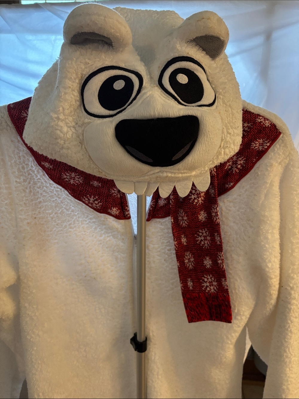 Briefly Stated White Polar Bear One-Piece with Red Scarf costume adults. - Picture 1 of 3